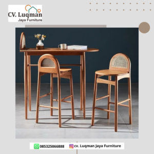 Set Meja Bar Kayu Jati Sandaran Rotan Estetik khas Jepara